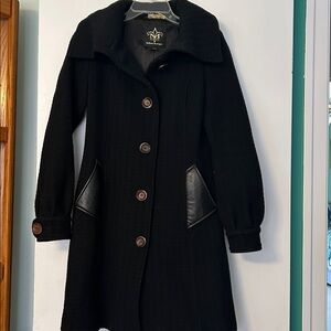 Mackage textured black wool coat with leather pockets. Beautiful and warm